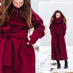 Bordeaux Jersey Tunic Dress: Oversize Cotton Winter Dress with Turtleneck & Belt