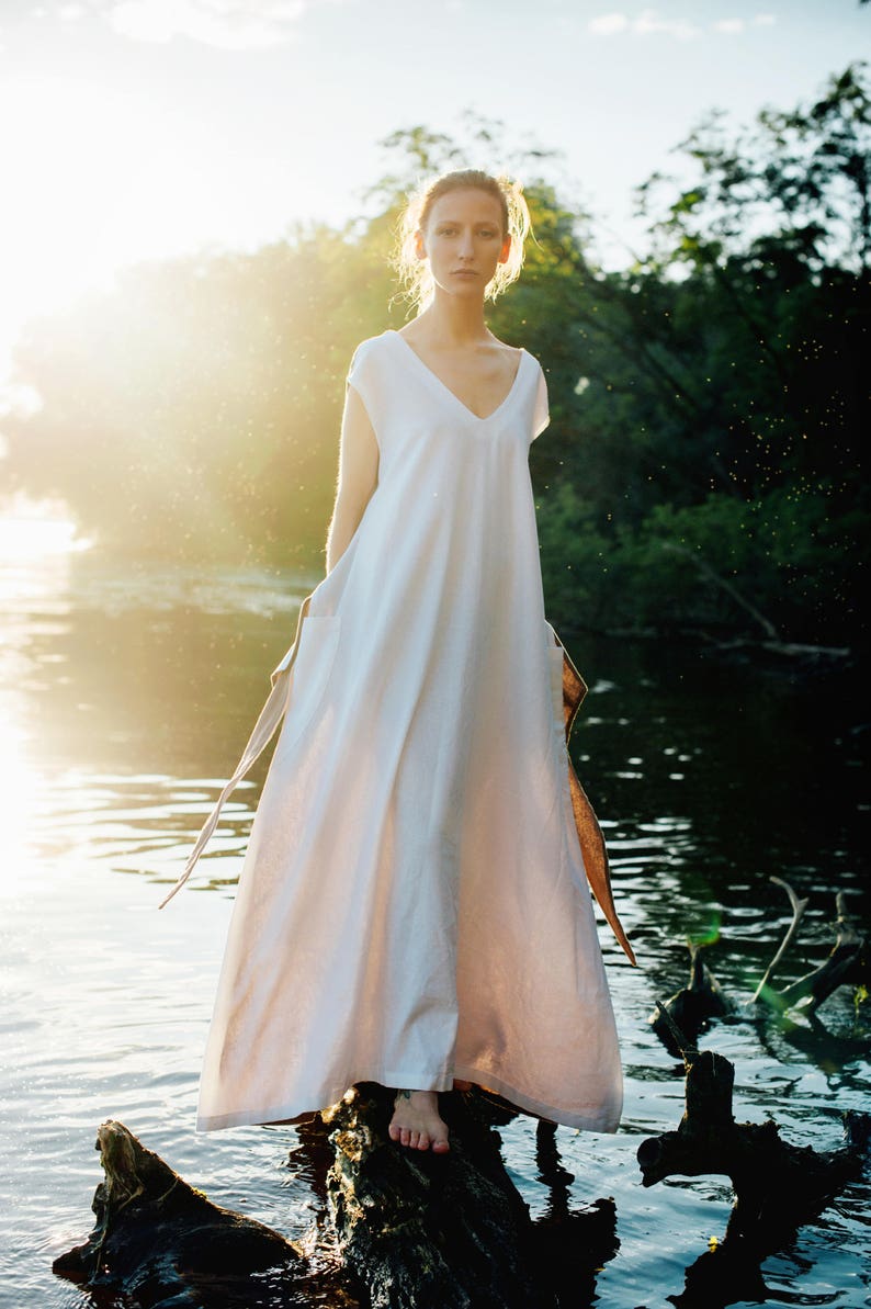Linen bridesmaid dress, boho wedding dress, white & beige maxi dress, minimalist wedding dress, wedding guest dress image 8