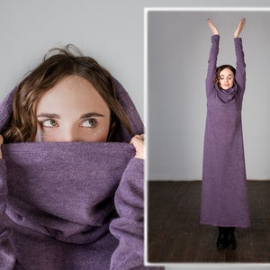 Purple warm maxi dress with hood, winter dress, warm hooded dress, long warm dress. high collar warm dress, turtleneck dress for women