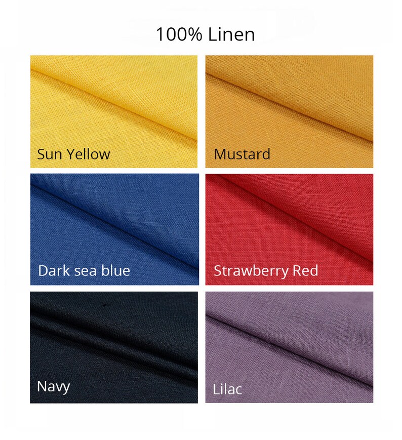 May include: Six fabric swatches of 100% linen in different colors: Sun Yellow, Mustard, Dark Sea Blue, Strawberry Red, Navy, and Lilac.