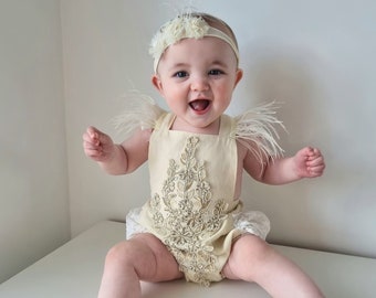 Baby Mädchen Zum ersten Geburtstag Creme Federn Strampler, Party Cake Smash oder 1. Fotoshooting Creme und weißes Kleid, Ein Jahr alte Boho Bestickte Spitze