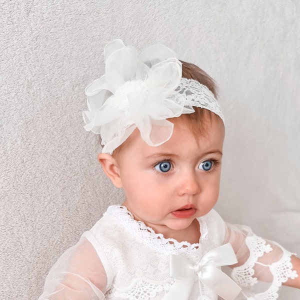 Baby Christening Headband baby Girl, Stretch Lace Headband for Wedding, Flowergirl or Birthday Cake Smash, Ivory Chiffon Flower Hairband.