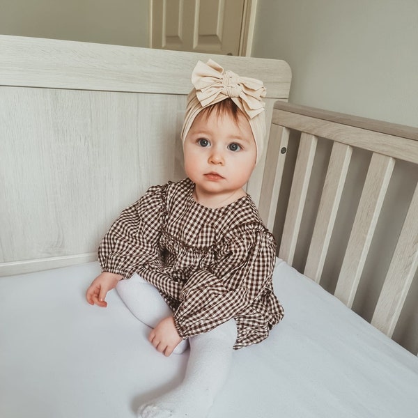 Baby Smock, Baby Smock Top Two-Piece, Vintage Style Smock Top and Bloomers Set, Neutral Colours Toddler Daywear in Cotton Gingham Check