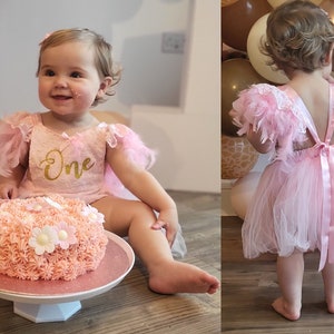 Baby Girl First Birthday Outfit, Pink Lace Cake Smash Feather Romper, 1st Photoshoot Dress, Number One Boho-Style Romper and Headband