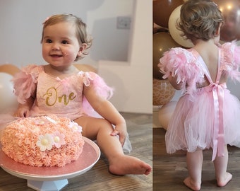 Baby Girl First Birthday Outfit, Pink Lace Cake Smash Feather Romper, 1st Photoshoot Dress, Number One Boho-Style Romper and Headband