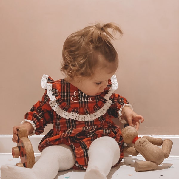 Eerste kerstoutfit voor babymeisje, mijn eerste kerstfotoshoot, gepersonaliseerde feestelijke peuterkleding, Thanksgiving Red Tartan Check Bubble Romper