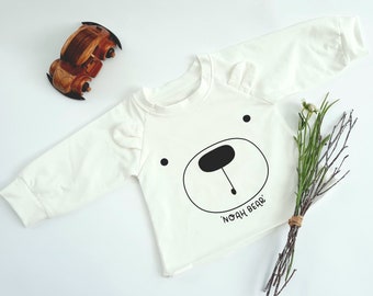 Personalised Baby Bear Sweatshirt, White Long Sleeved Sweater with Bear Ears and Custom Name, Minimalist Baby Clothes with Matching Hat UK