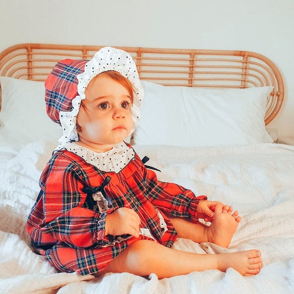 Baby Girl First Christmas Dress, My 1st Xmas Photoshoot Outfit, Toddler Holiday Gift Set, Festive Red Tartan Check Frilled Bonnet Hat