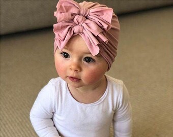 Baby Turban Hat, Baby Girl Triple Bow Turban, Dusky Pink Summer Baby Fashion Accessories, Boho Knotted Bow Turban Hat for Toddler Photoshoot