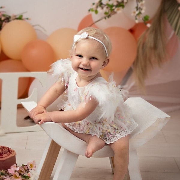 Cake Smash Outfit Girl, Swan Princess Dress, 1st Birthday Swan Romper with Feathers, Boho First Party, White Sitter Photoshoot, One Year Old