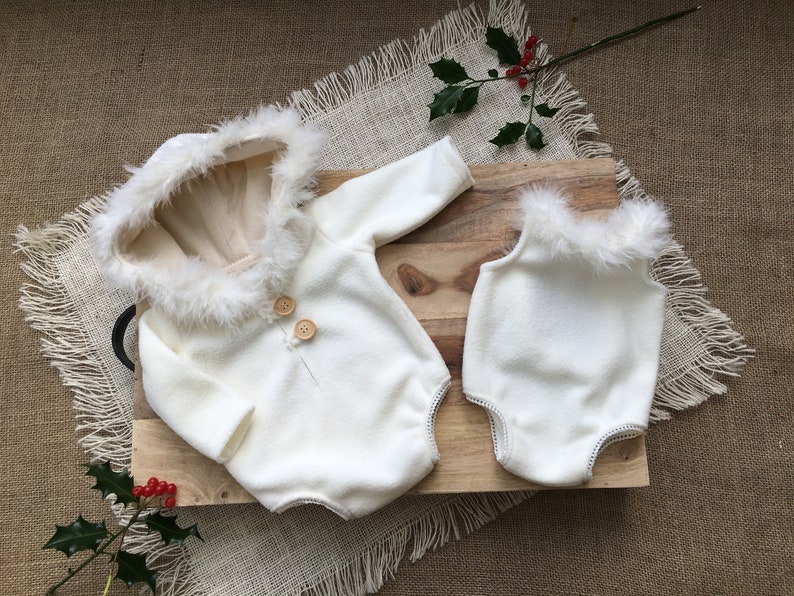 Newborn Photography White Hooded Romper Christmas Baby Shower Gift Newborn Christmas Fleece Newborn Hooded Romper Newborn Photo Props