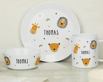 Personalised Baby Plate Set, New Baby Dinner Set Gift, Kids Dinnerware Plate Bowl and Mug, Custom Name Baby Shower Lunchtime Feeding Set.