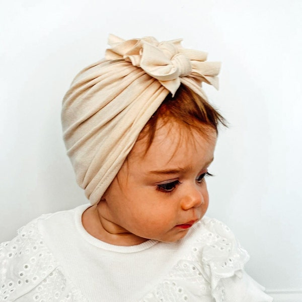 Baby Turban, Triple Knot Boho Baby Hat, Cream Summer Baby Fashion Accessories, Knotted Bow Turban Hat for Baby Girl Sitter Photography Shoot