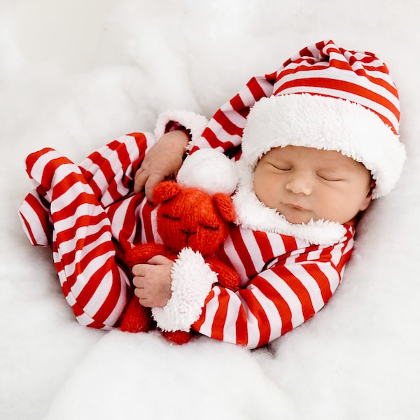 Tenue d'elfe de bébé nouveau-né, tenue d'elfe de Noël rayée au Royaume-Uni, accessoires de photographie nouveau-né, tenue de lutin de bébé fille, grenouillère d'elfe avec chapeau