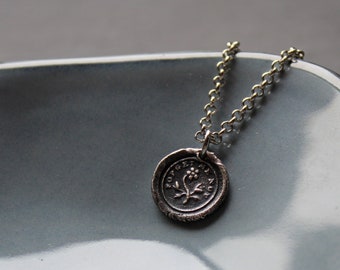 Forget me not wax seal pendant made using a 1800s stamp, sentimental jewelry, mourning necklace, Victorian inspired tiny fine silver charm