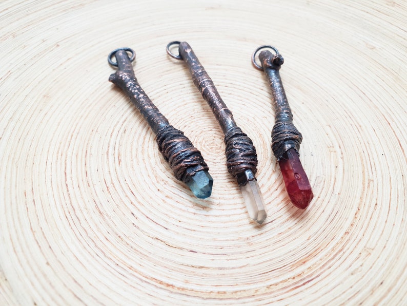 Raw Crystal Wand Pendant Copper Plated Real Wood Necklace Etsy