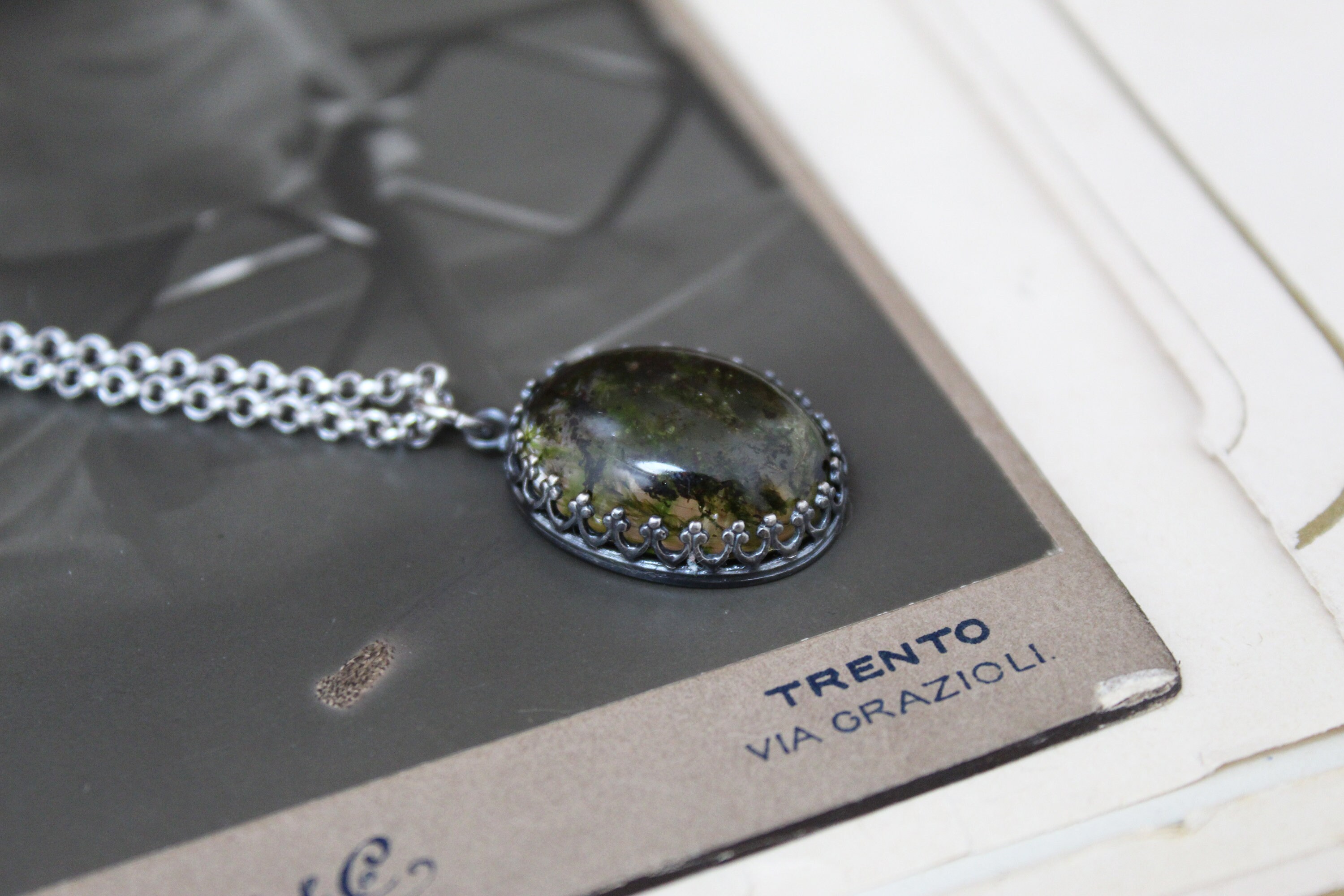 Grave moss pendant, Memento Mori inspired necklace made with cemetery moss from a 1800 tomb, modern mourning style taphophile jewelry