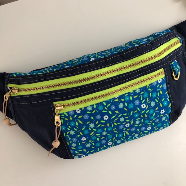Fanny Pack/Hip Pouch/Blue and Green/Neon/Dry Oilskin/Water Resistant/Size Small/Petit Pan Fabric