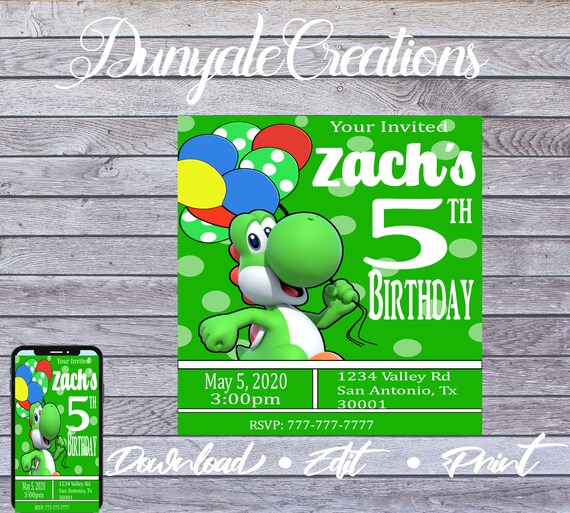 Yoshi Birthday Party Invitation Editable Invitation Digital | Etsy