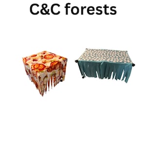 Puede incluir: Se muestran dos bosques C&C. Uno es un cubo con un patrón de calabaza, y el otro es un rectángulo con un patrón de lunares azules y blancos. El texto "1x1 y 1x2 C&C forests" está en la parte superior.