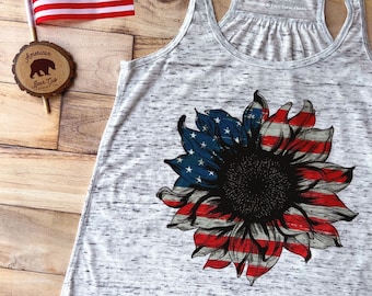 4th of July tank tops| Floral Womens Summer Tops with a Patriotic design| Red White and Blue Sunflower Tanks