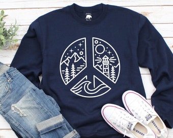 nautical sweatshirt| sea sweatshirt| plus size clothing available| lighthouse| mountains| waves| peace sign| boho