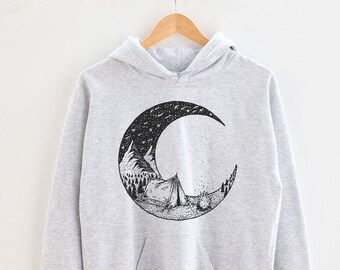 Camping Bonfire Hoodie| Crescent Moon Hoodie| Mountains Sweatshirts for Camping| Hoodies for Women and Men| Stars Moon and Galaxy Hoodies