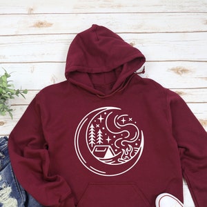 Campfire Hoodie with a Crescent Moon| Hoodies for Women| Plus Size Clothing available| Camping Hooded Sweatshirts| Outdoorsy Sweatshirt