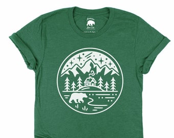 PNW Bear Mountains Cabin Night Sky Shirt for Women & Men| Nature Shirts for Hiking Adventure| Cozy Camping Shirts| Products with purpose