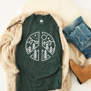 Boho Shirts for Women| Plus Size Clothing Available| Hippie Peace Sign Shirt| Mountain and Pine Tree Nature Shirts