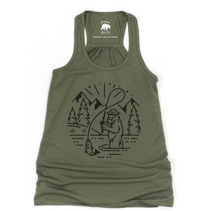 Bigfoot Fishing flowy racerback tank tops| Fishing tank top women| Womens Summer Tops| Lake life tanks + tees| Sasquatch PNW