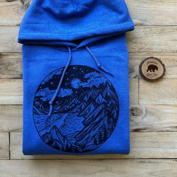 Valley Night Sky Hoodies für Frauen und Männer| Kuschelige Hoodies für den Winter | Naturszene für Outdoor-Abenteurer | Berg Hoodies für Camping