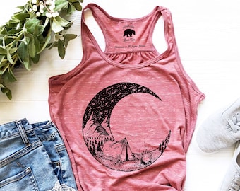 Camping Bonfire Tank Top| Crescent Moon Tank Tops| Plus Size Clothing Available| Womens Summer Tops| Womens Summer Clothing| Star & Galaxy