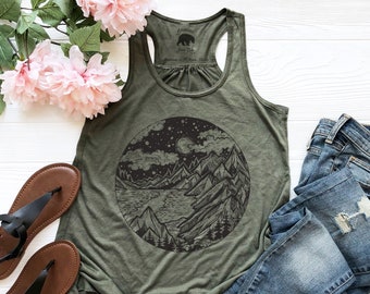 Valley Night Sky Tank Top| Womens Summer Tops for Camping| Womens Summer Clothing| Plus Size Clothing Available| Mountain Tanks