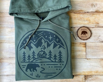 Mountain Night Hoodies for Women and Men| Plus Size Hoodies Available| PNW Cozy Cabin Camping Hoodie for an Outdoorsy Adventure