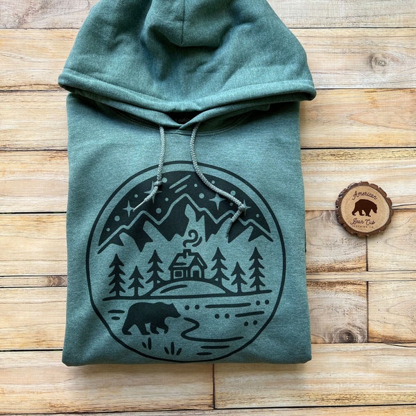 PNW Cozy Cabin Camping Hoodie for an Outdoorsy Adventure| Mountain Night Hoodies for Women and Men| Plus Size Hoodies Available