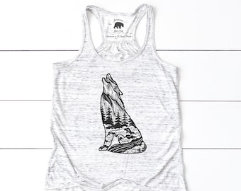 Wolf tank top for women| flowy racerback tank tops for summer| wolf tank top| howling wolf| camping tank top| nature tank top| hiking tank