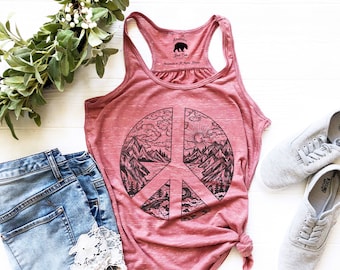 Nature Peace Tank Tops for Women| Plus Size Clothing Available| Camping Tank Top for Mountains Adventure with a Peace Sign