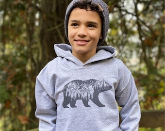 Bear Mountain Kids Hoodie for youth| Cozy adventure hoodies for winter| Cold weather clothing for kids| Nature clothes that are unique