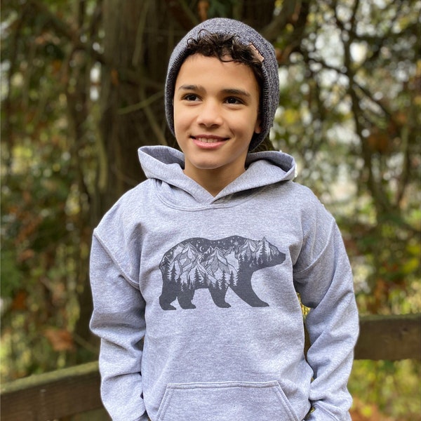 Bear Mountain Kids Hoodie for youth| Cozy adventure hoodies for winter| Cold weather clothing for kids| Nature clothes that are unique