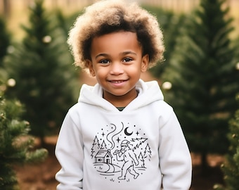 Bigfoot Kids Hoodie for Winter + Christmas| Funny Kids Sweatshirt| Bigfoot Hoodies for Kids | Cozy Cabin in the woods Christmas Gift