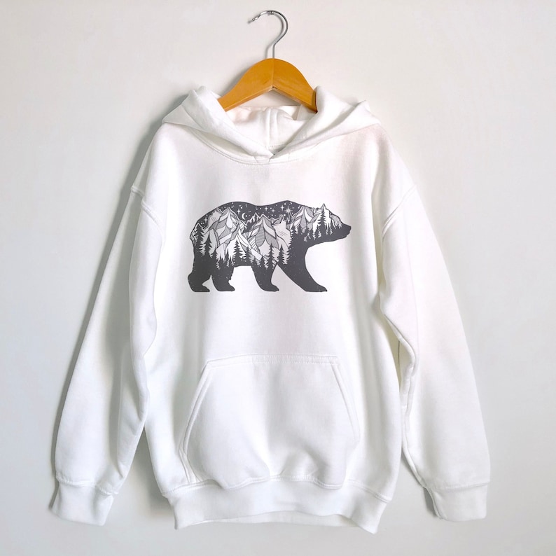 Bear Mountain Kids Hoodie for youth Cozy adventure hoodies for winter Cold weather clothing for kids Nature clothes that are unique Classic White