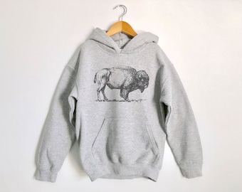 Rugged American Buffalo Kids Hoodie| Camping Hoodies for Youth| Western Bison Hoodies + Sweatshirts for Boys and Girls| Summer Camp clothing