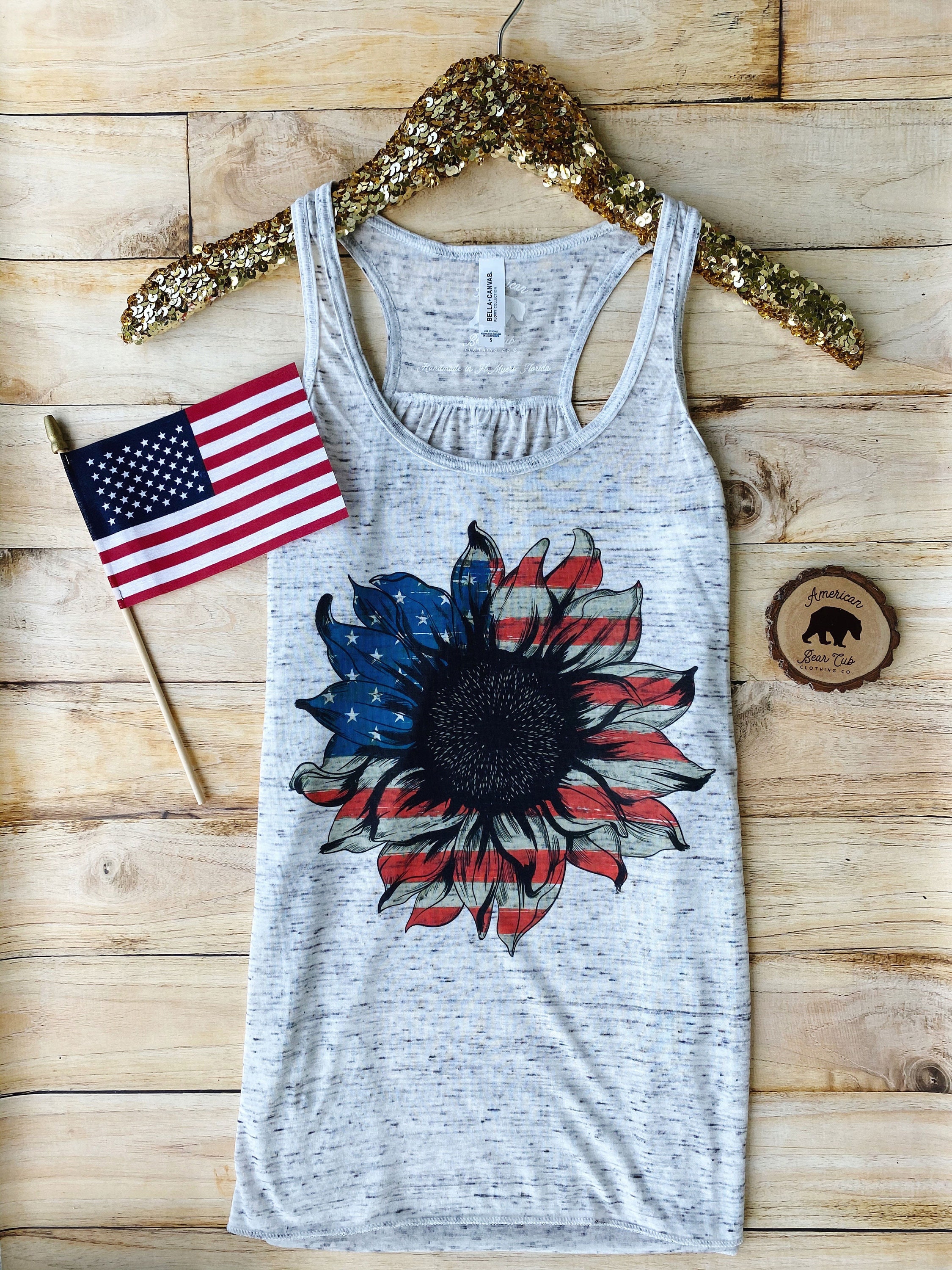 American Flag Sunflower Tank Tops for 4th of July| Floral Womens Summ…