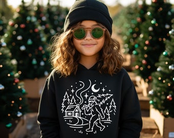Bigfoot Kids Hoodie for Winter + Christmas| Funny Kids Sweatshirt| Bigfoot Hoodies for Kids | Cozy Cabin in the woods Christmas Gift