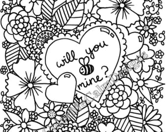 以下が含まれることがあります： 花と葉に囲まれたハートに「Will you be mine?」という文字が書かれた白黒の線画イラスト。