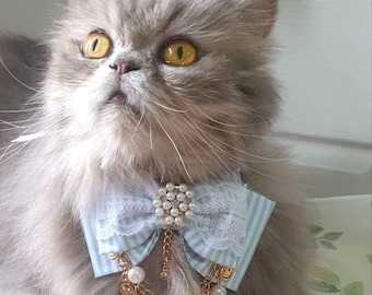 A sweet handmade striped bunny bow collar decorating with pearl and accessories