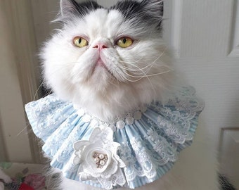 Handmade Lace Ruffle Pet Collar: Striped Floral Cotton with Pearl