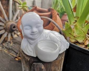 Happy white Celadon reclining monk incense holder and tealight holder