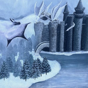 May include: A painting depicting a white dragon flying towards a grey stone castle. The dragon has a long tail and large wings. The castle features tall towers and a moat. The scene is set in a snowy forest.